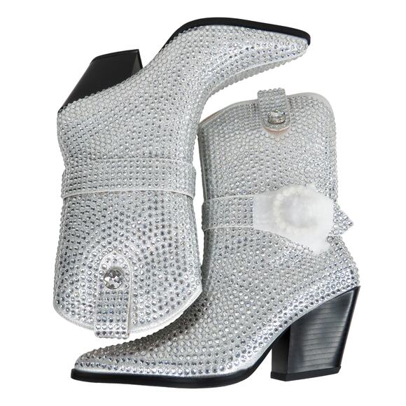 Azalea Wang Federica Silver Crystal Shortie Western Cowgirl Boots Rhinestone 6.5 - Picture 9 of 14